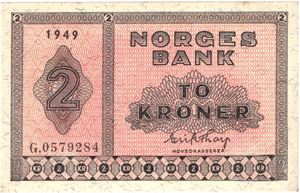 2 kroner 1949 G.0579284. Kv.0