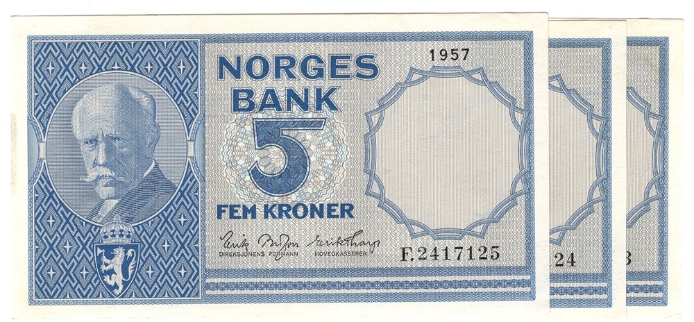 5 kroner 1957 F.2417123-25 i serie. Usirkulert med noen anm. Ca.Kv.0/01