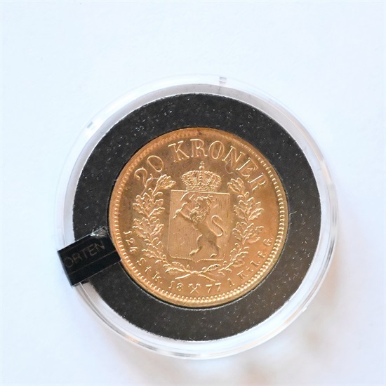 Norge 20 kroner 1877 fra Gulltransporten kv. 0/01