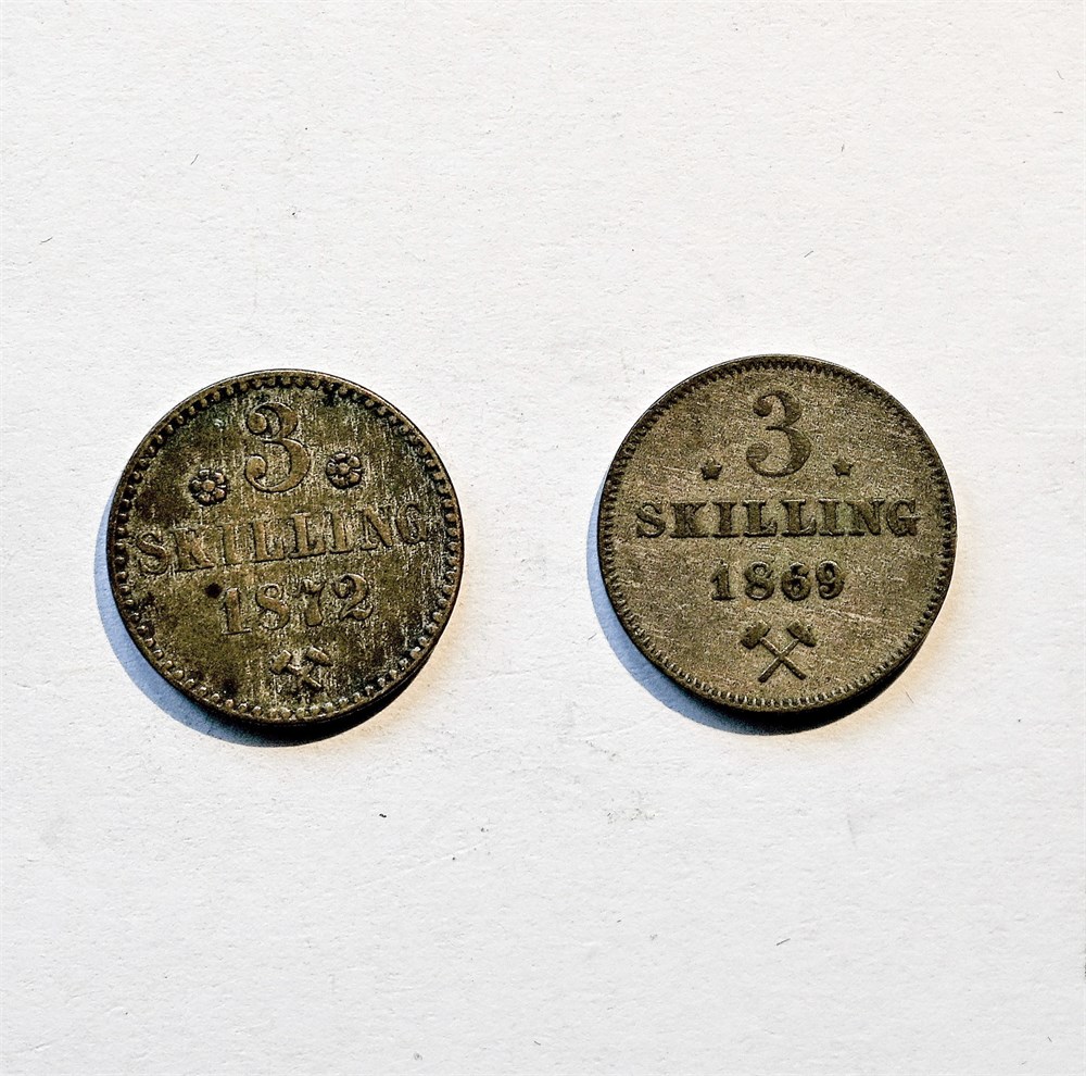 Norge 3 skilling 1869 og 1872 kv. 1/1+