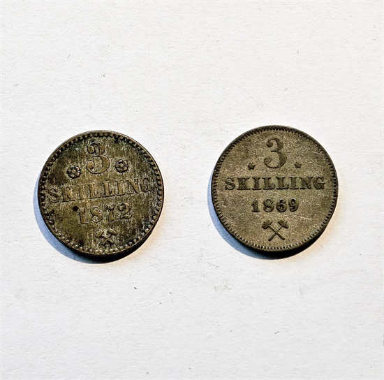 Norge 3 skilling 1869 og 1872 kv. 1/1+