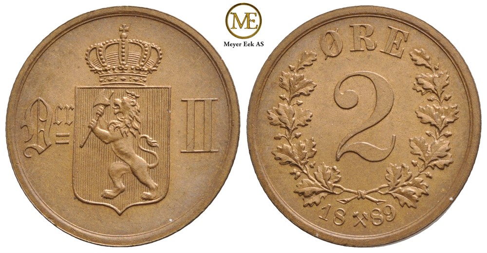 2 øre 1889 Oscar II. Prakt eksemplar
