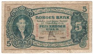 5 kroner 1907 B.4737756. R seddel Kv.1-