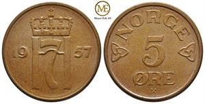 5 øre 1957 Haakon VII. Kv.0