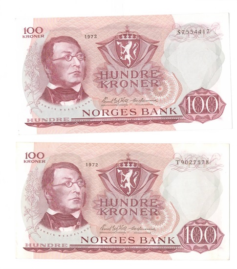 Norge 100 kroner 1972 S og T kv. 0/01