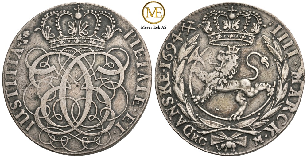4 mark 1694 Christian V. Kongsberg. Kv.1+