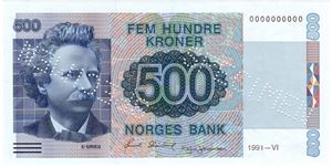 500 kroner 1991 Specimen. RRR-seddel. Kv.0/01