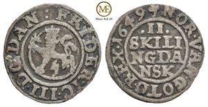 2 skilling 1649 Frederik III. Kv.1/1+
