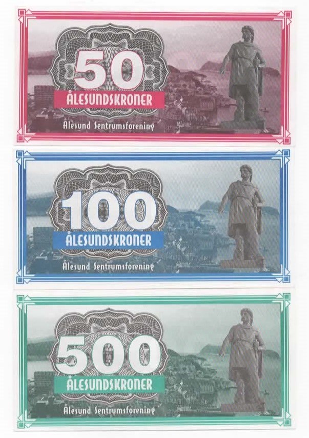 Ålesundskroner 50, 100 og 500 kroner kv. O