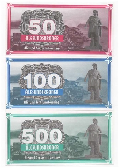 Ålesundskroner 50, 100 og 500 kroner kv. O