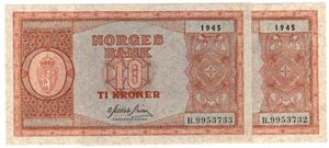 10 kroner 1945 B.9953732-33 i serie. Kv.0