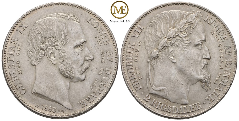 2 Rigsdaler 1863. Preget i forbindelse med troneskifte. Ex.OMG.18. S.1. Kv.01