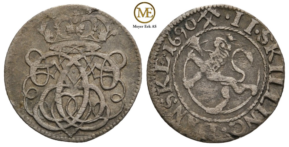 2 skilling 1690 Christian V. Kv.1+