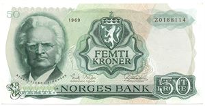 50 kroner 1969 Z.0188114. Erstatningsseddel. R-seddel. Kv.0/01