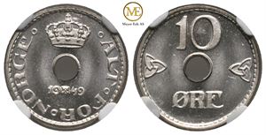 10 øre 1949 Haakon VII. MS66. Prakt eksemplar