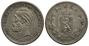 50 øre 1891 Oscar II. Kv.1+