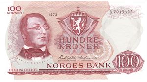 100 kroner 1972 X. Erstatningsseddel. Kv.0