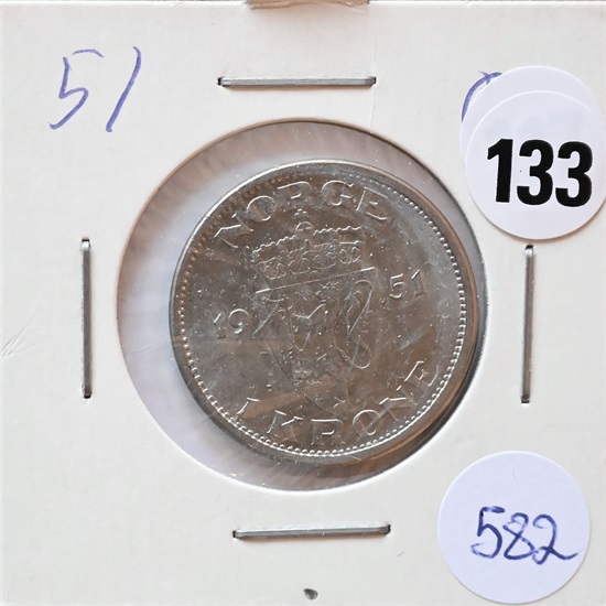 Norge 1 krone 1951 u/hull kv. 0
