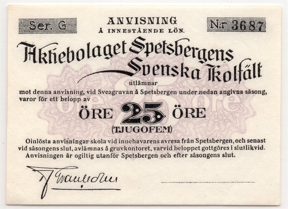 25 øre Svenska Aktiebolaget Spetsbergen. Nr.3687. Kv.0