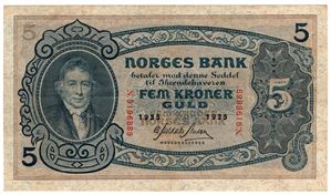5 kroner 1935 N.9196889. S-seddel. Kv.1/1+