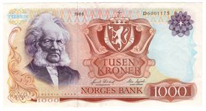 1000 kroner 1986 D.6001175. Kv.1+