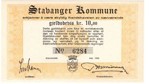 10 kroner gjeldsbevis Stavanger Kommune. Kv.0