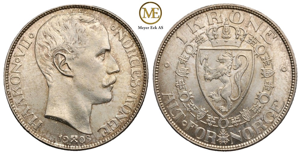 1 krone 1908 p/plate. Haakon VII. Kv.0