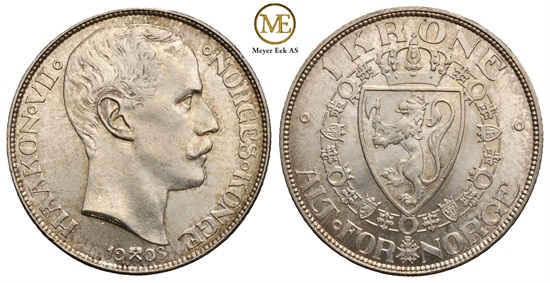 1 krone 1908 p/plate. Haakon VII. Kv.0