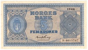 5 kroner 1948 D.4015747. Kv.0