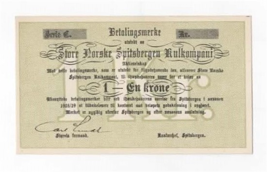 Spitsbergen Kullkompani 1 krone 1918/19 C kv. 0
