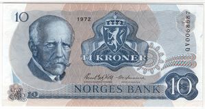 10 kroner 1972 QV. Erstatningsseddel. Gradert til 66 EPQ hos PMG. Kv.0