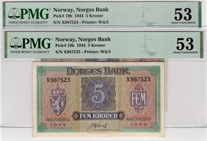 5 kroner 1944 X. London utgaven i serie. Kv.01