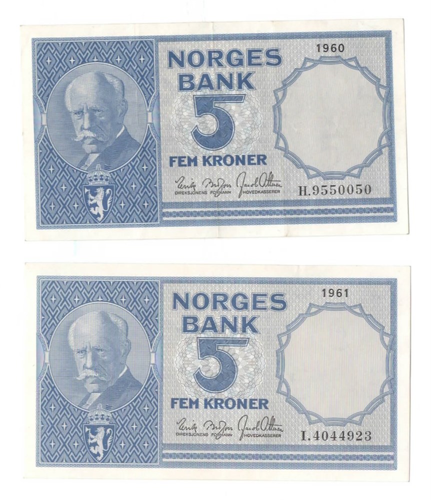Norge 5 kroner 1960 H og 1961 I i kv. 1+ og 01