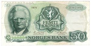 50 kroner 1971 Z.5025415 5-million erstatnnigsseddel. RR-seddel. Kv.1