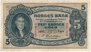 5 kroner  1932 M.3814666. Kv.1+