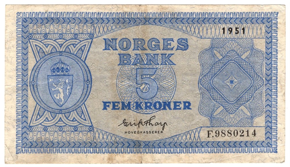 5 kroner 1951 F. Lavt opplag. Kv.1