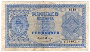 5 kroner 1951 F. Lavt opplag. Kv.1