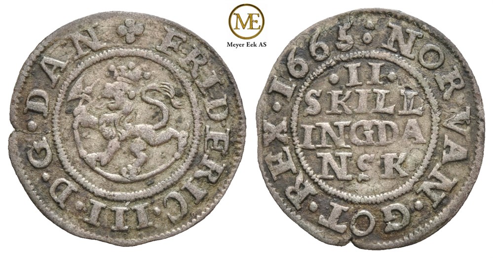 2 skilling 1665 Frederik III. Kv.1/1+