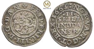 2 skilling 1665 Frederik III. Kv.1/1+