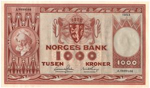 1000 kroner 1953 A.0899586. Kv.01