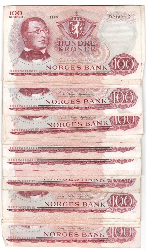 Stor Lot. 100 kroner 1965 D og E. 76 stk. VK