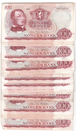 Stor Lot. 100 kroner 1965 D og E. 76 stk. VK