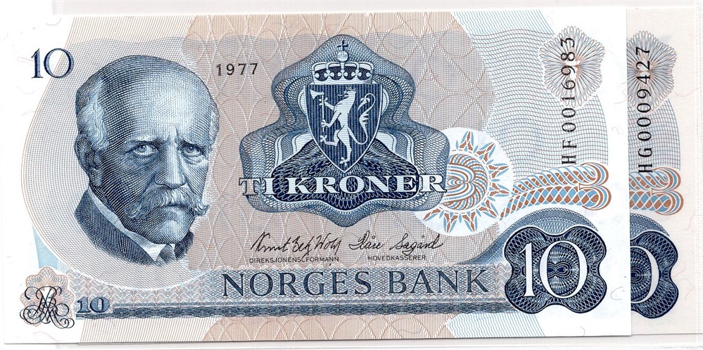 10 kroner 1977 HF og HG erstatningssedler. Kv.0
