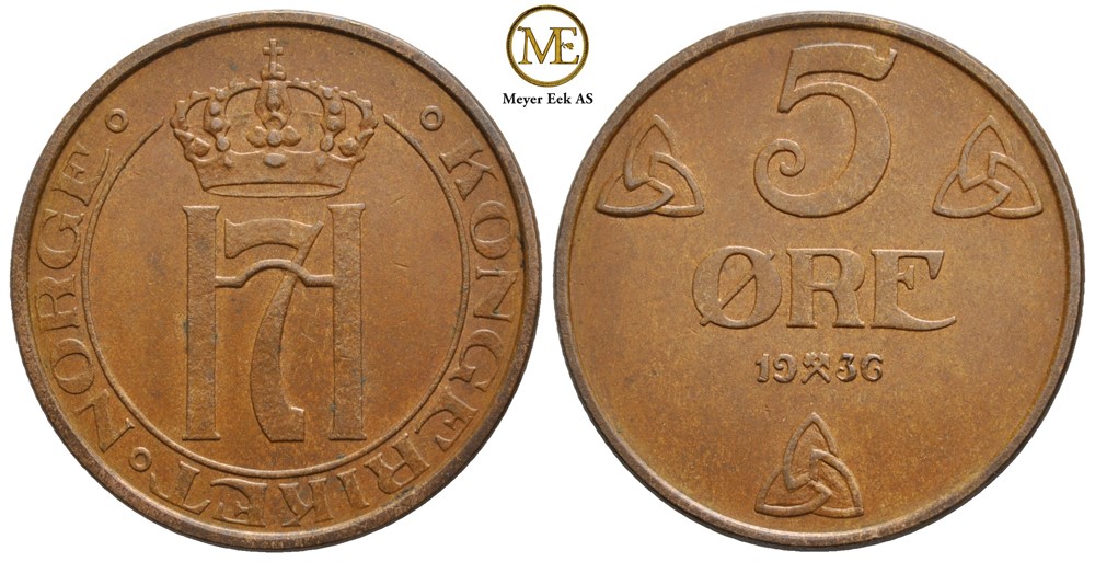 5 øre 1936 Haakon VII. Kv.0