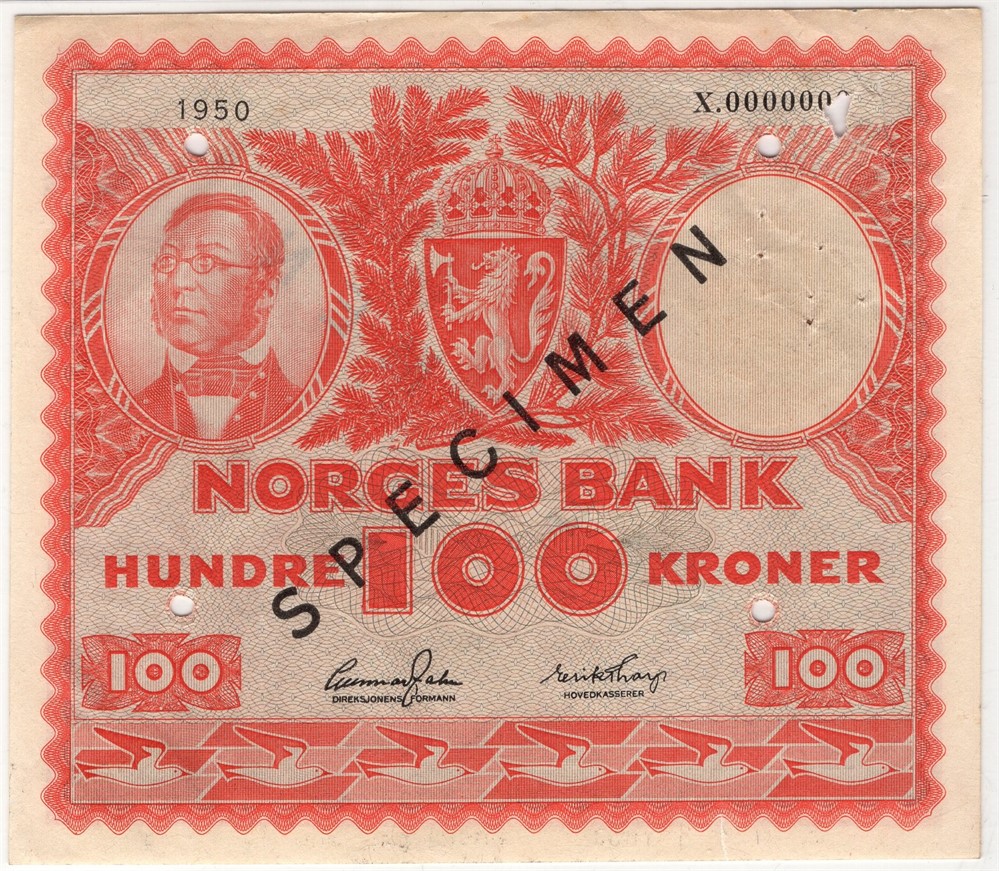 100 kroner 1950 X.0000000 Specimen. Kv.01