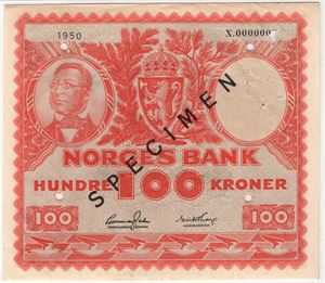 100 kroner 1950 X.0000000 Specimen. Kv.01