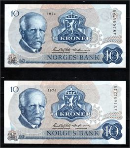10 krone Lott AW/AX 1974 kv. 0