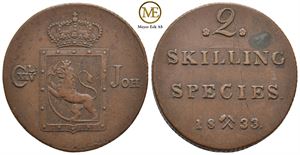 2 skilling 1833 Carl XIV Johan. Kv.1+/01