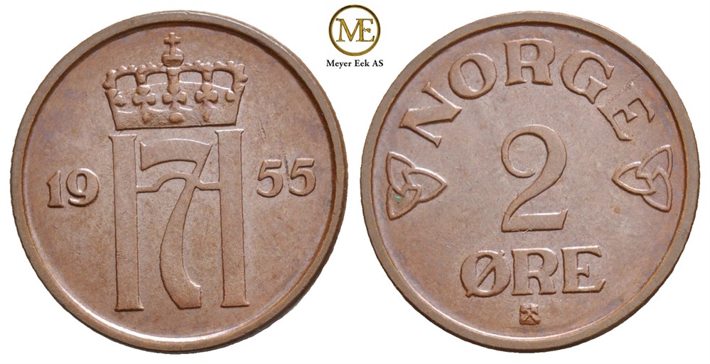 2 øre 1955 Haakon VII. Kv.0