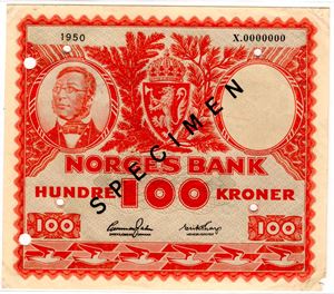 100 kroner 1950 X.0000000 SPECIMEN m/seks stansa hull + kant skade Kv.1+